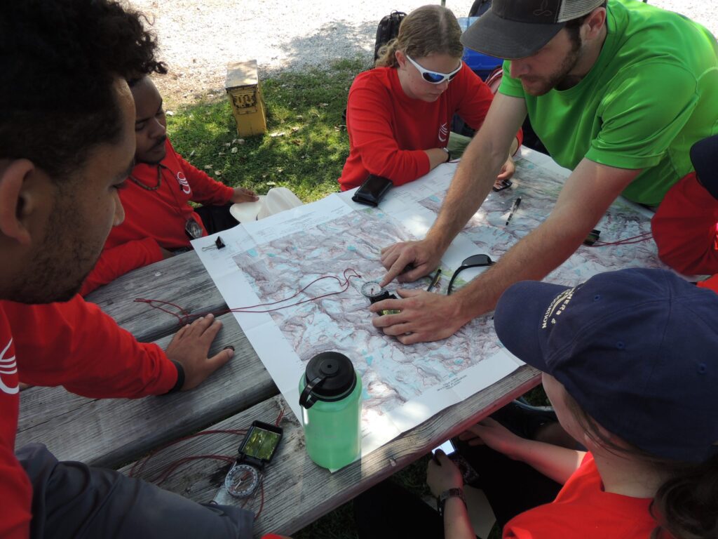 students using compass and map